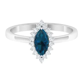 1 CT Marquise Cut London Blue Topaz Ring with Diamond Halo