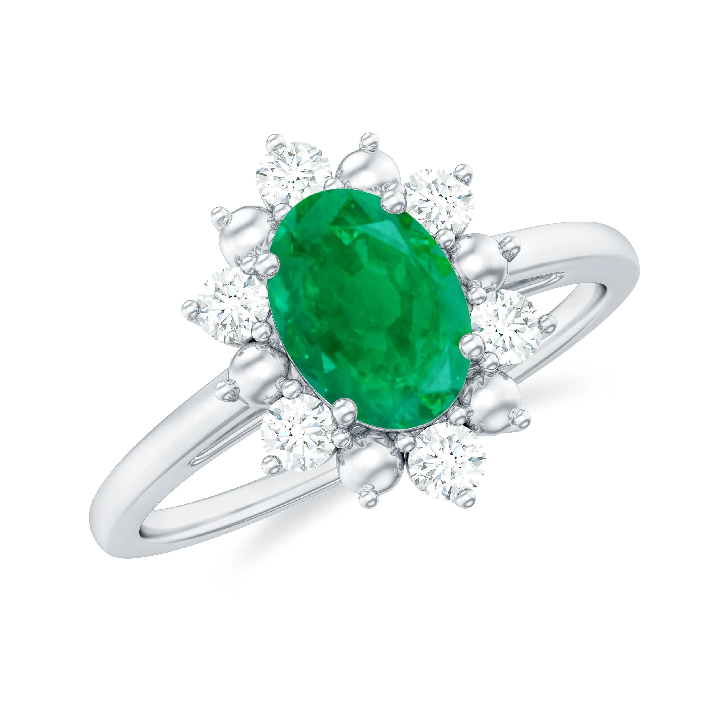 1 CT Oval Emerald Floral Halo Engagement Ring with Diamond