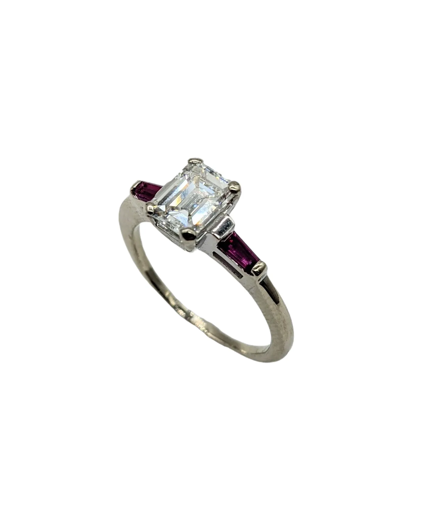 1.01 Carat Total Weight Emerald Cut Diamond Ring with Ruby Side Accents