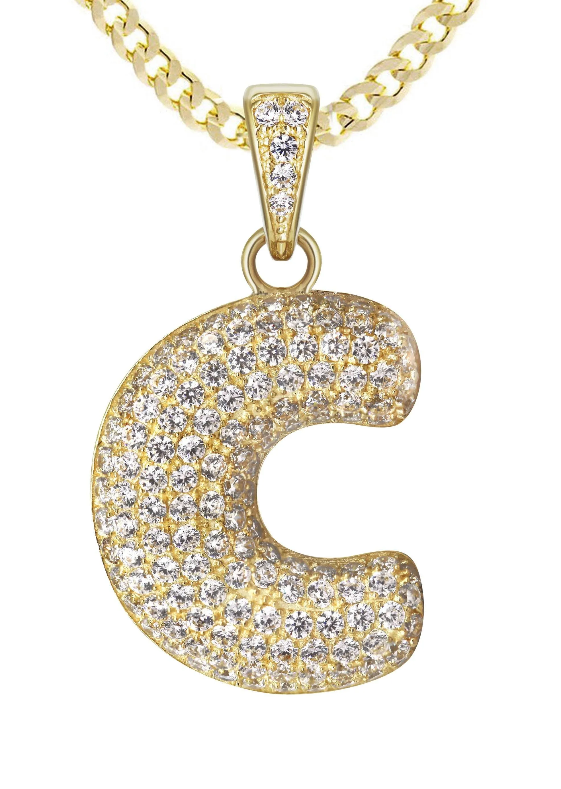 10K Yellow Gold Bubble Letter "C" CZ Necklace | Appx. 13.1 Grams