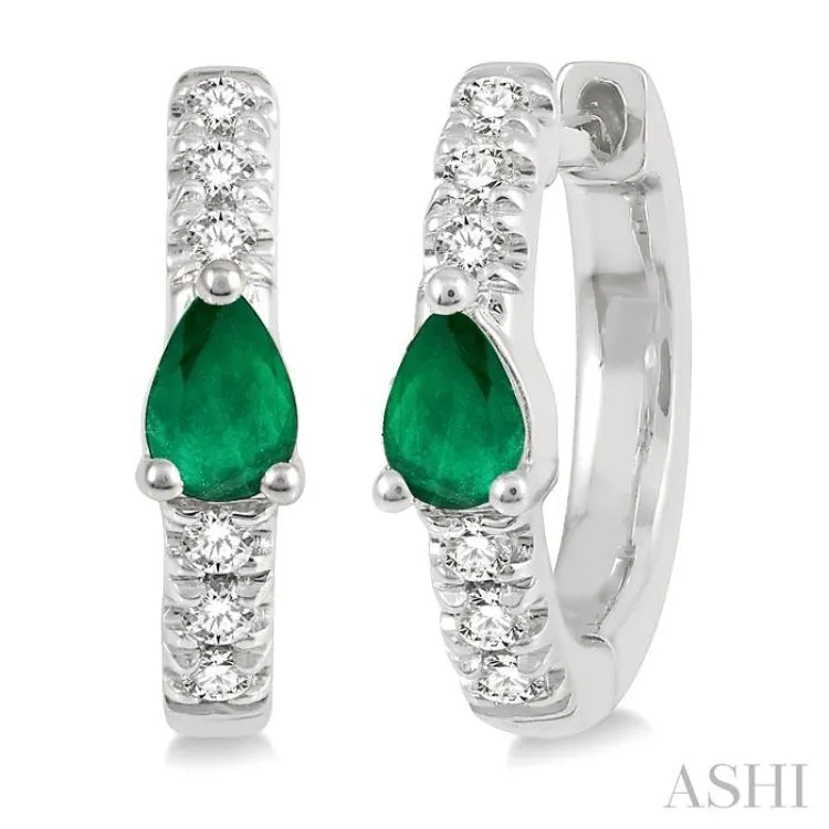 1/10 Ctw 4X3MM Pear Cut Emerald and Round Cut Diamond Huggie Earrings in 10K White Gold