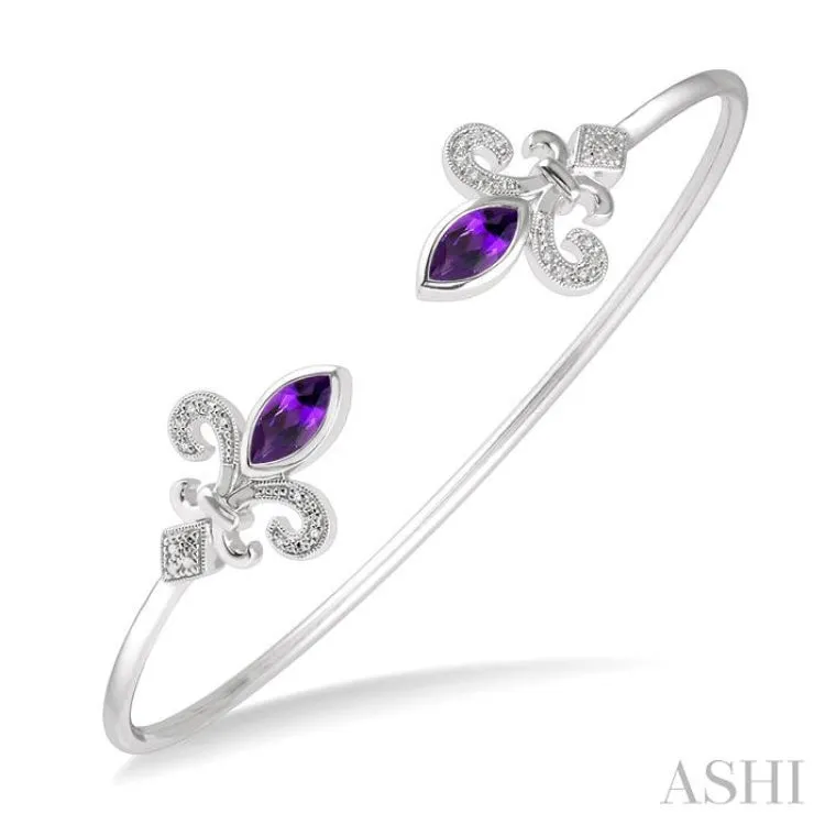 1/20 Ctw Marquise Shape 8x4 MM Amethyst & Round Cut Diamond Fleur De Lis Flexi Bangle in Sterling Silver