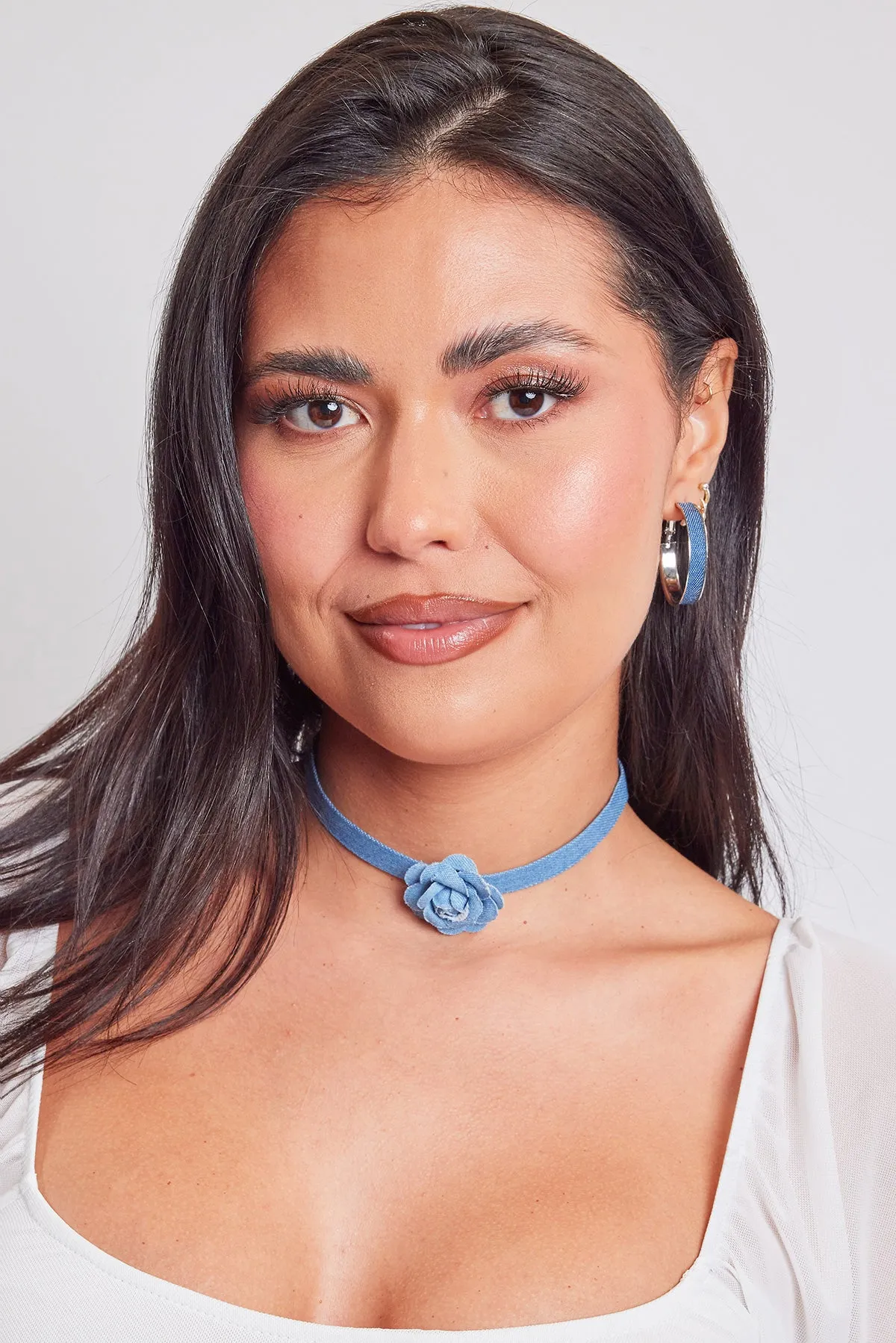 12" Denim Choker W/ Flower Blouse