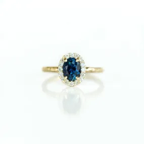 1.32ct Royal Blue Oval Sapphire Halo Ring - Evergreen Carved Band in a Satin Finish 14k Yellow Gold