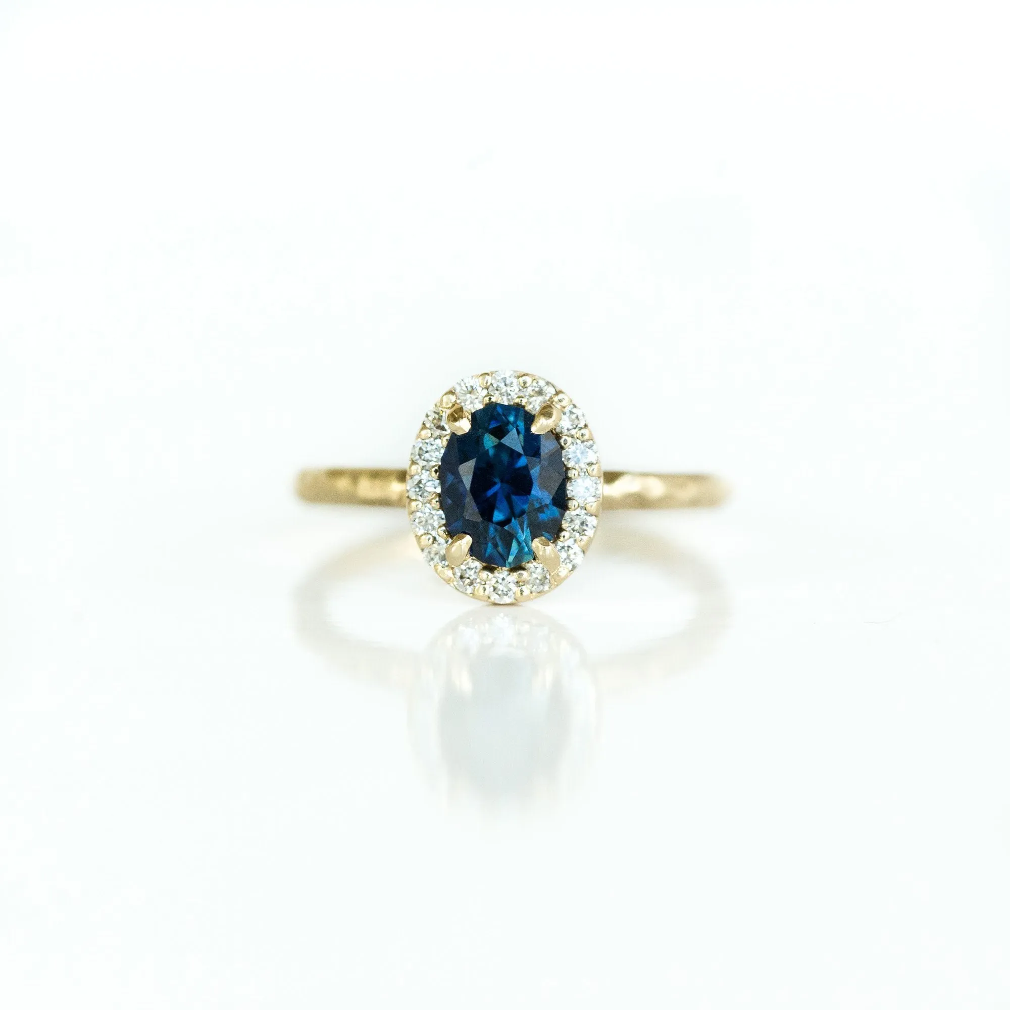 1.32ct Royal Blue Oval Sapphire Halo Ring - Evergreen Carved Band in a Satin Finish 14k Yellow Gold