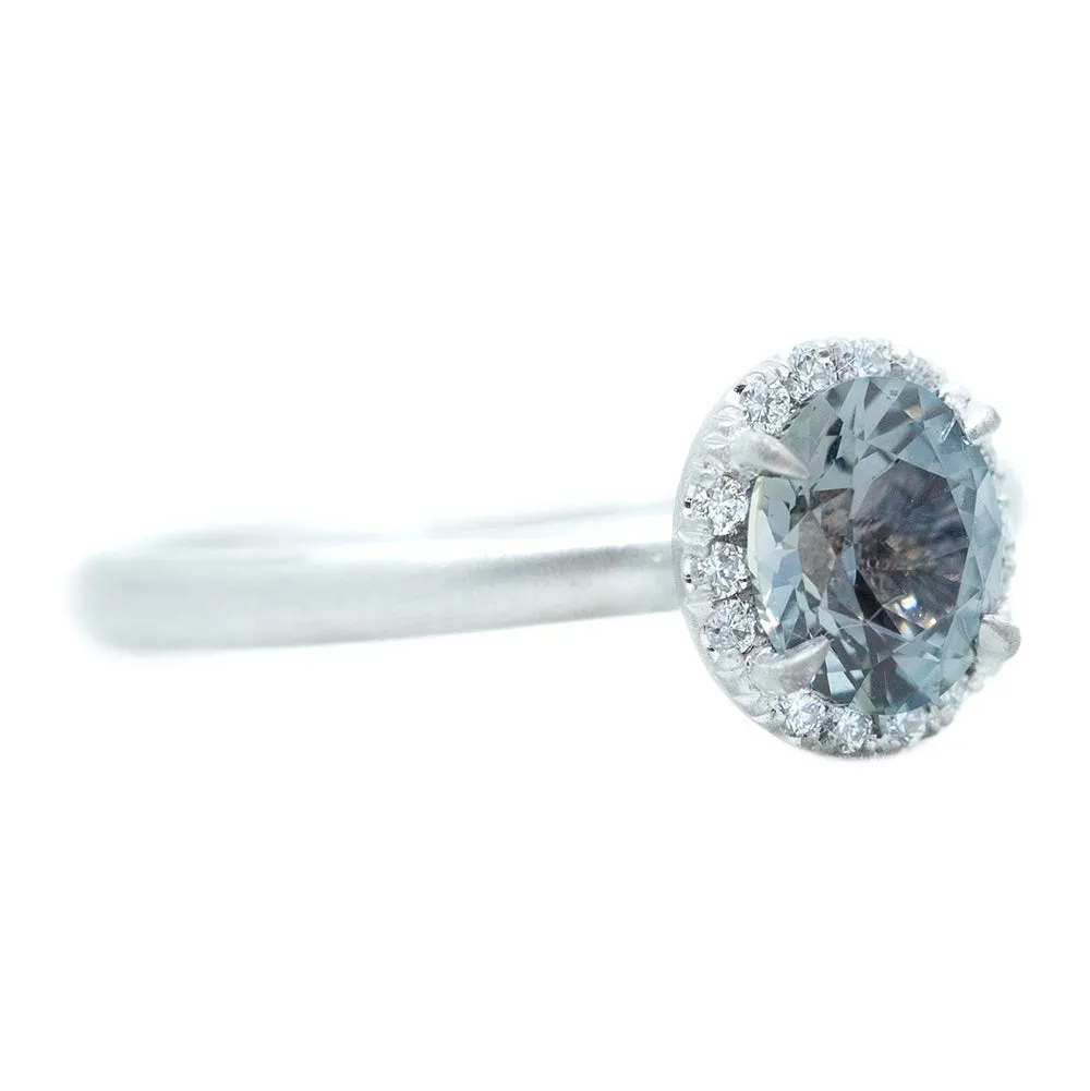 1.37ct Grey Montana Sapphire Diamond Halo Ring In Platinum, Satin Finish