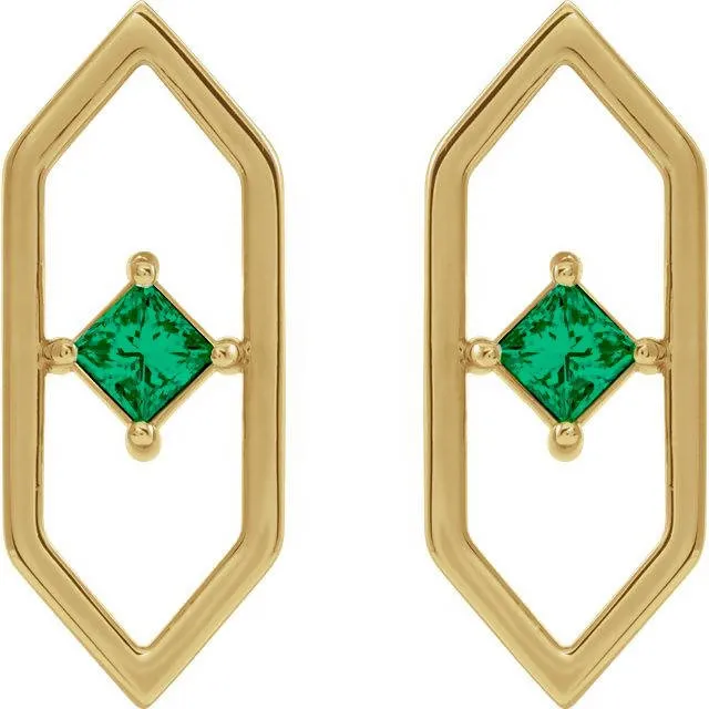 14K Gold 3mm Diamond or Emerald Geometric Earrings