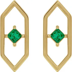 14K Gold 3mm Diamond or Emerald Geometric Earrings