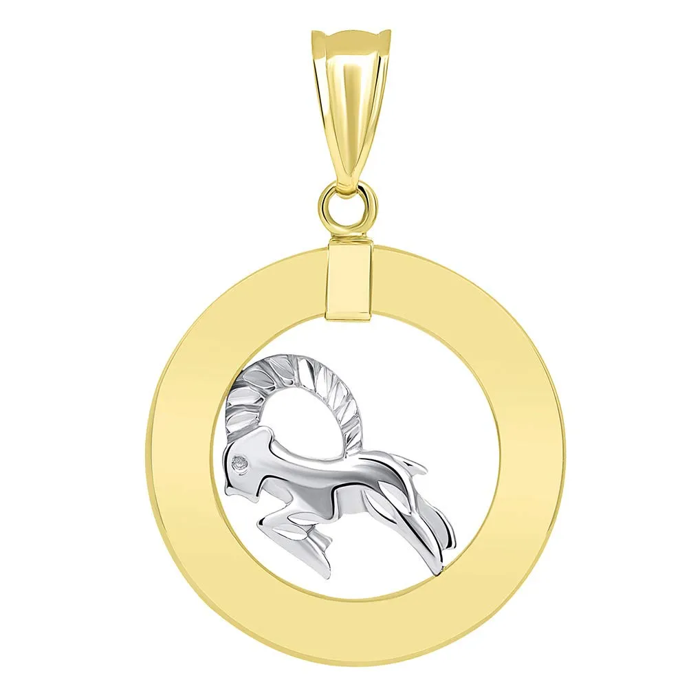 14k Gold Open Circle Capricorn Zodiac Sign Pendant Cuban Chain Necklace - Two-Tone Gold