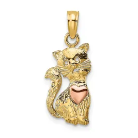 14k Two-Tone Gold Open Back Textured Polished Finish Cat with Heart  Design Charm Pendant