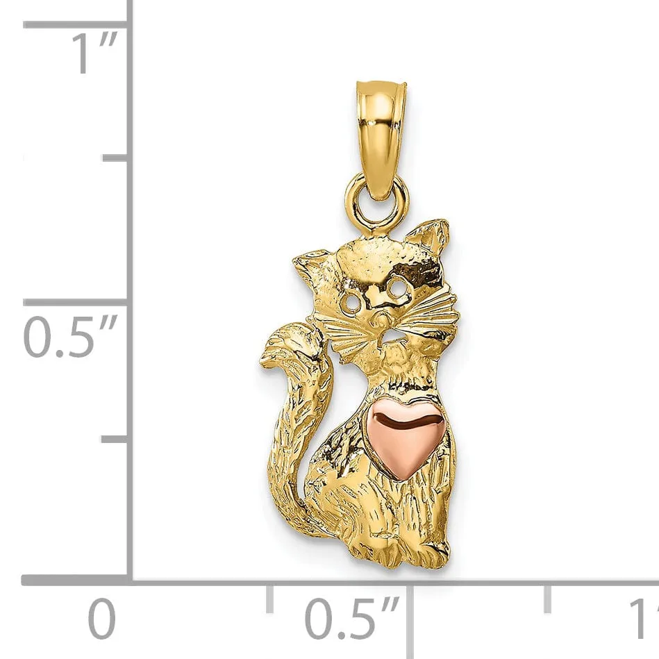 14k Two-Tone Gold Open Back Textured Polished Finish Cat with Heart  Design Charm Pendant