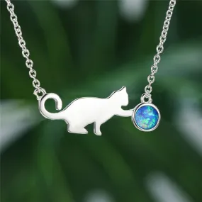 14k White Gold Plated Cat Playing Blue Fire Opal Ball Choker Necklace