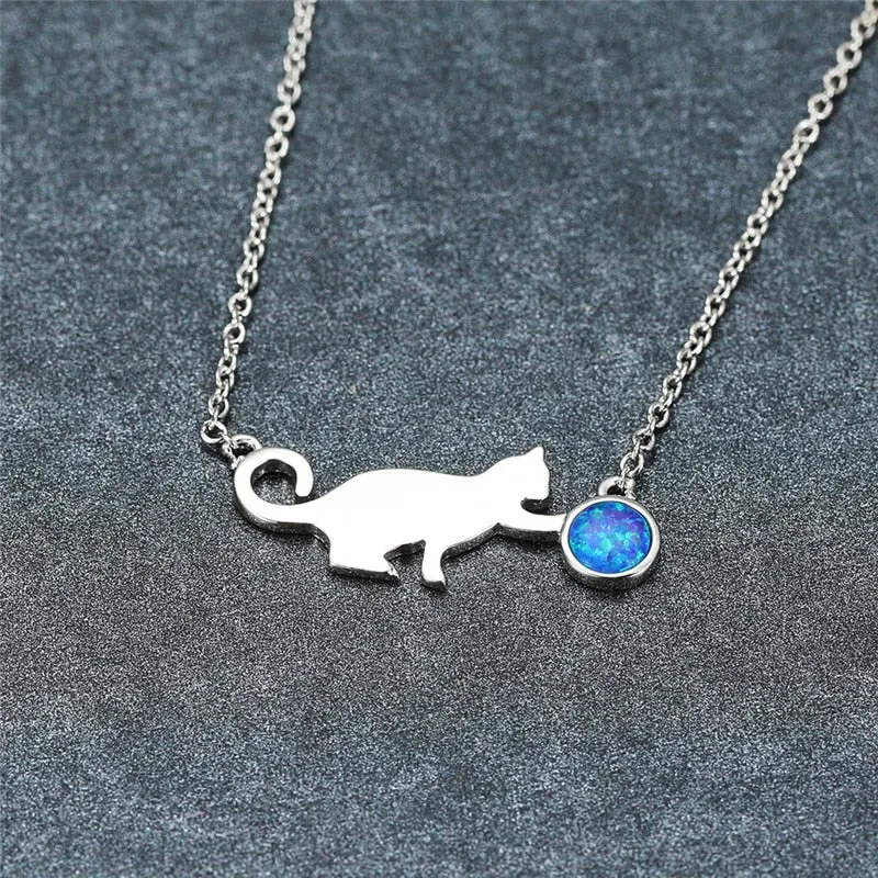 14k White Gold Plated Cat Playing Blue Fire Opal Ball Choker Necklace