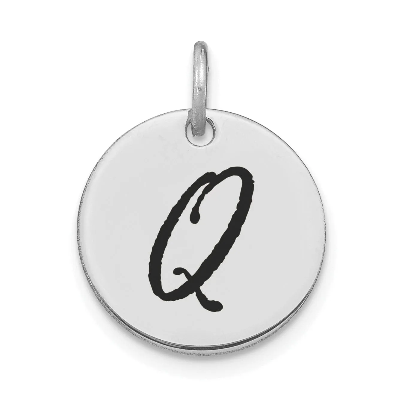 14k White Gold Polished Rhodium Black Epoxy Finish Letter Q Initial Disk Shape Charm Pendant