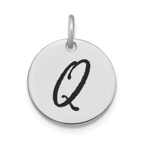 14k White Gold Polished Rhodium Black Epoxy Finish Letter Q Initial Disk Shape Charm Pendant