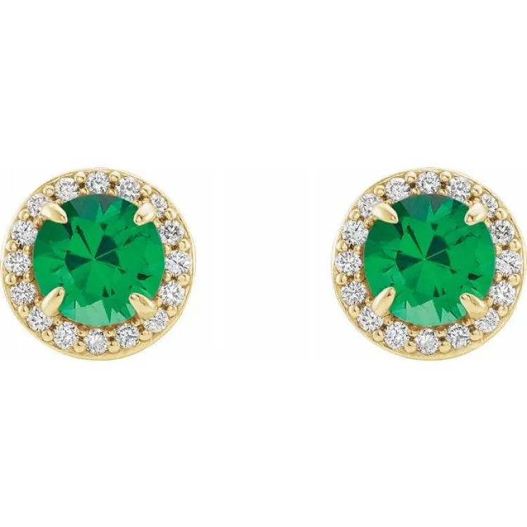 14K Yellow 3.5 mm Lab-Grown Emerald & 1/8 CTW Natural Diamond Earrings