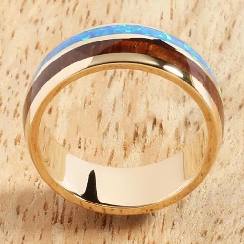 14K Yellow Gold Natural Koa Wood and Opal Half/Half Oval Wedding Ring 8mm