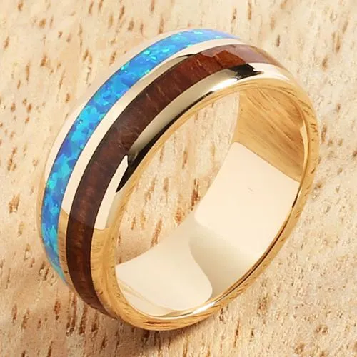 14K Yellow Gold Natural Koa Wood and Opal Half/Half Oval Wedding Ring 8mm