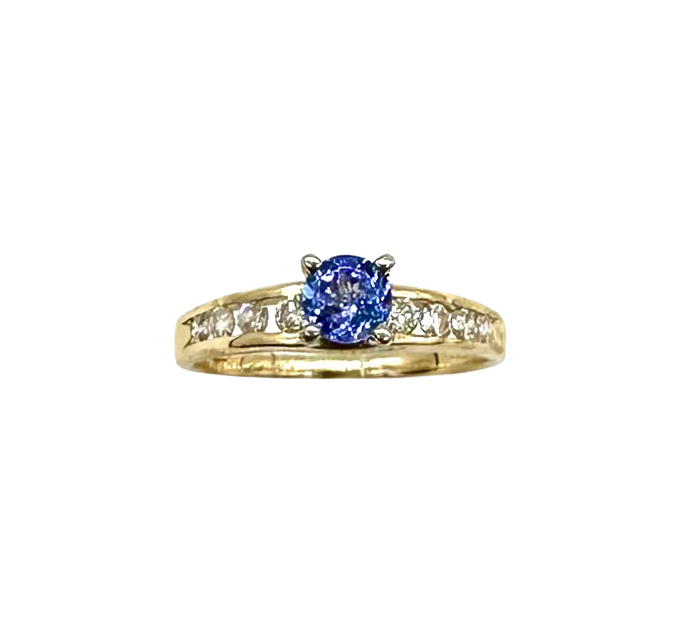 14k Yellow Gold Ring with Round Tanzanite Center and Channel-Set Diamonds