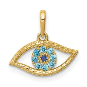 14K Yellow Gold Solid Open Back Polished Textured Finish With Blue Cubic Zirconia Stones Eye Shape Charm Pendant