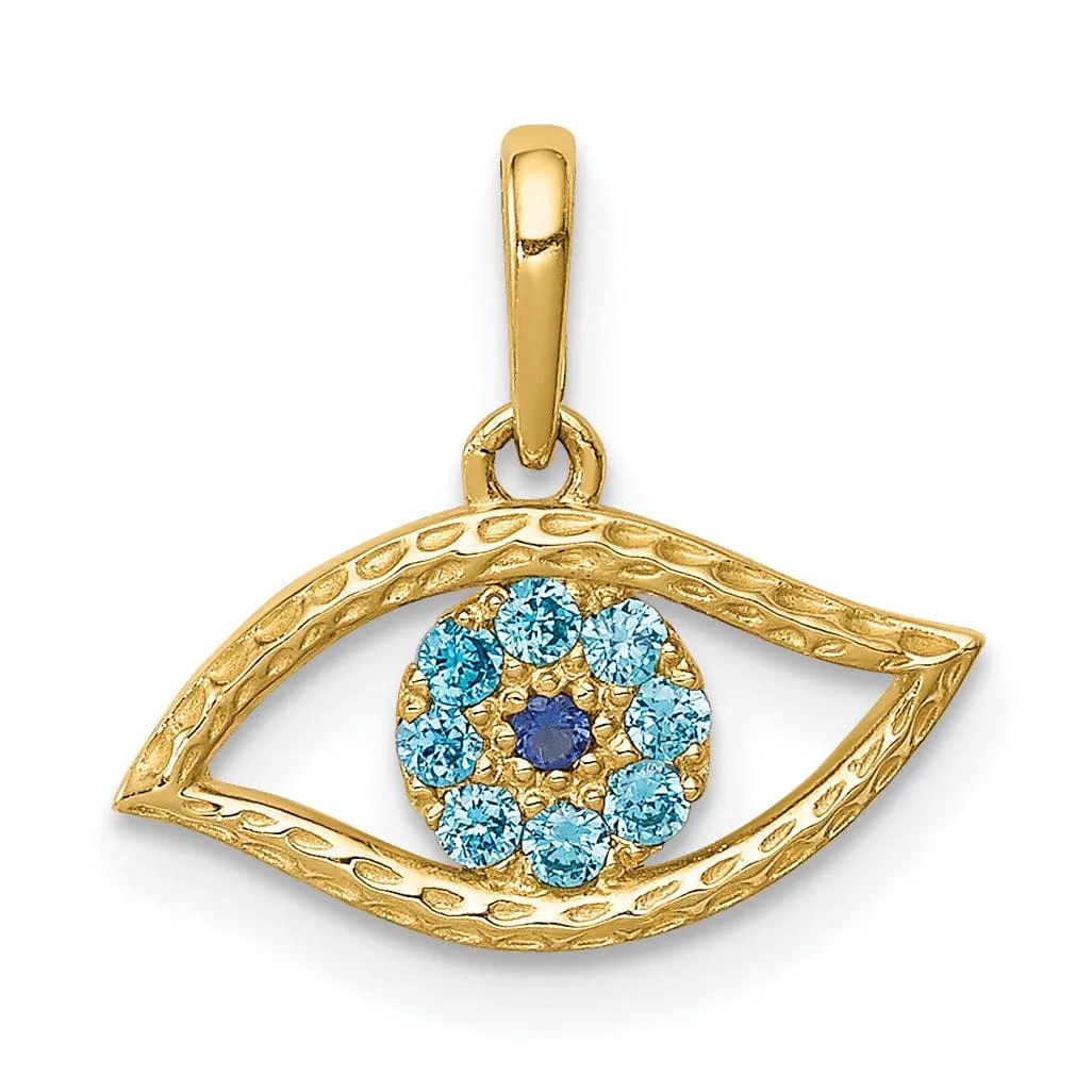 14K Yellow Gold Solid Open Back Polished Textured Finish With Blue Cubic Zirconia Stones Eye Shape Charm Pendant