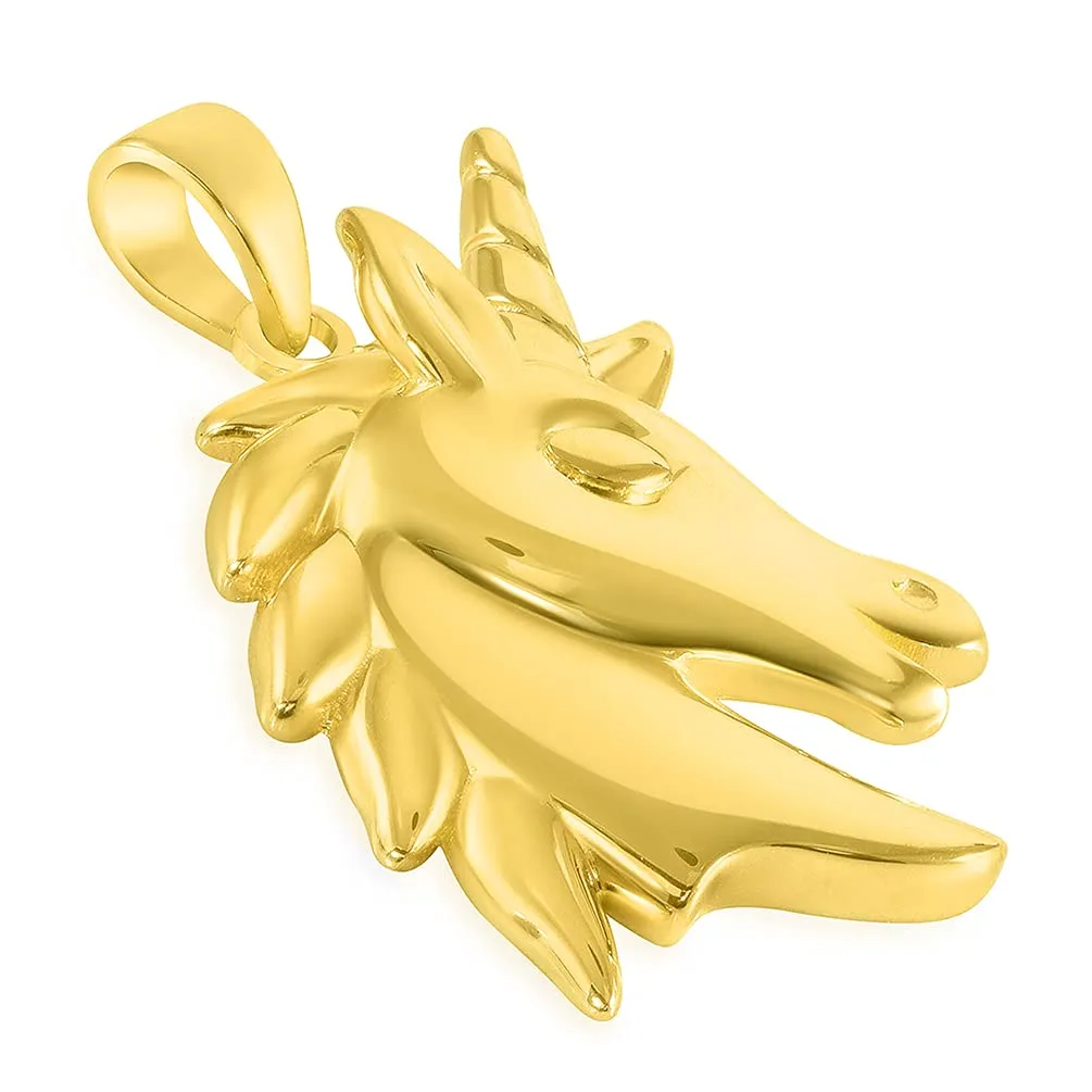 14k Yellow Gold Unicorn Horse Head Mythical Animal Pendant Necklace