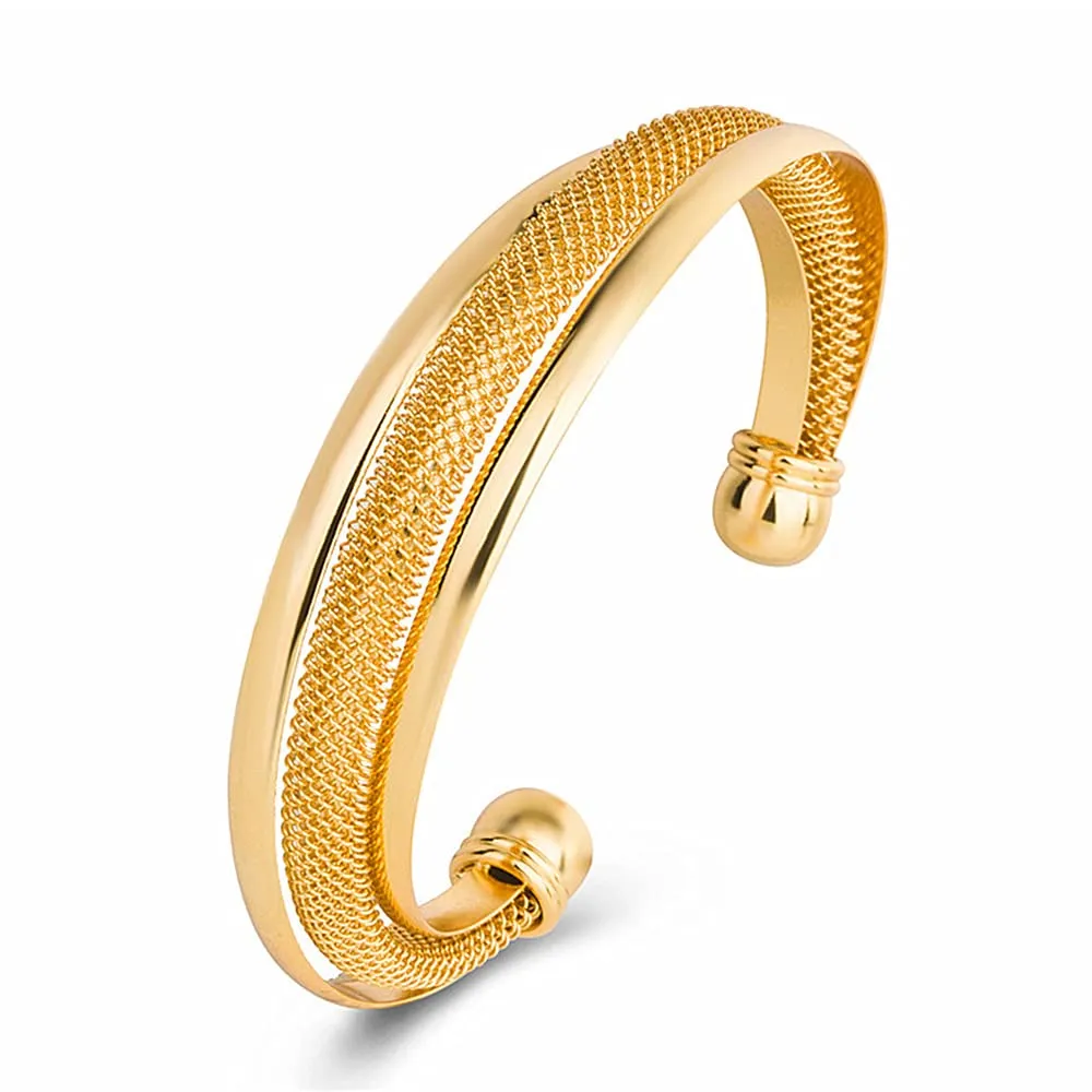 18K Gold Plated Mesh Polished Cuff Bangle