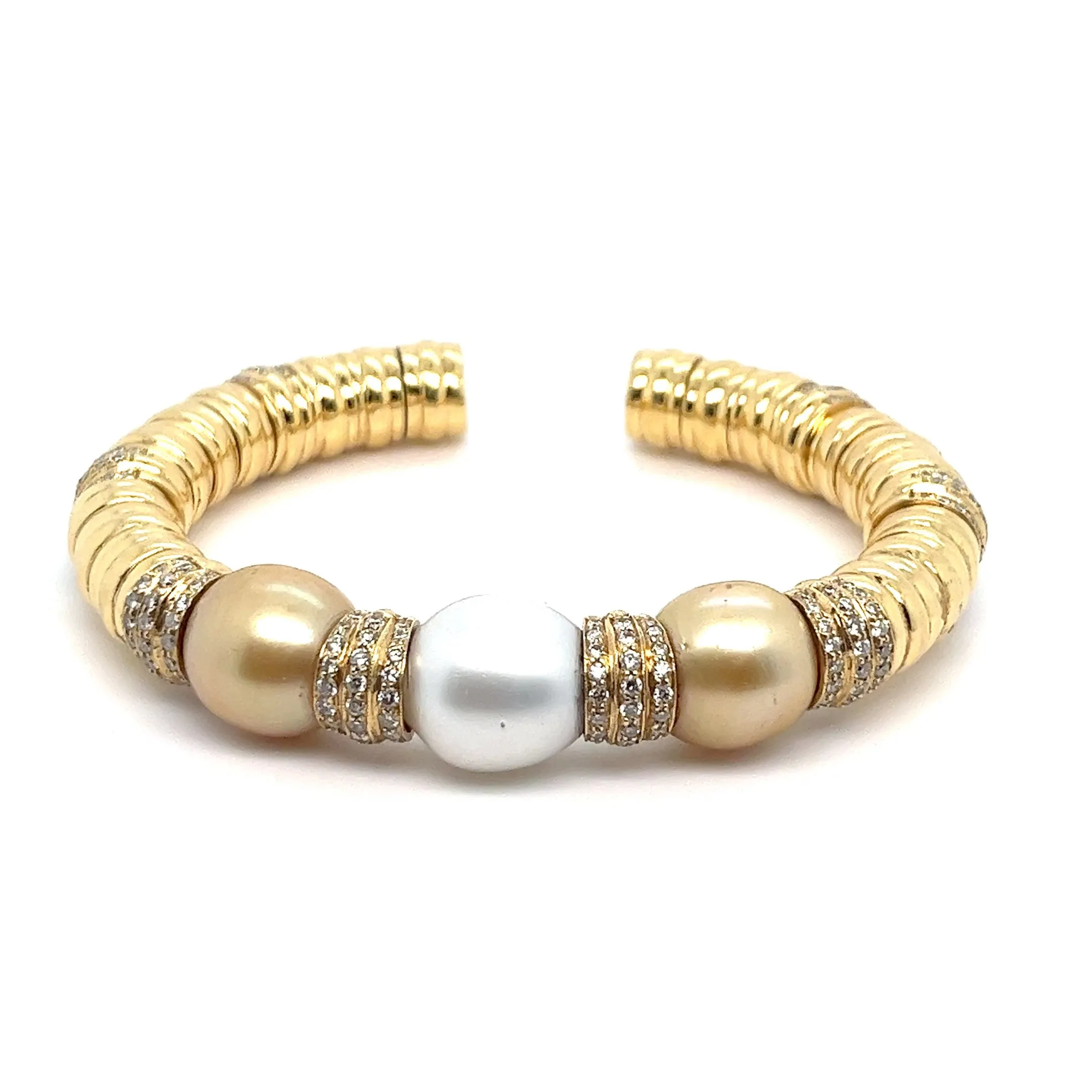 18kt Yellow Gold South Sea Pearl Diamond Bangle Cuff