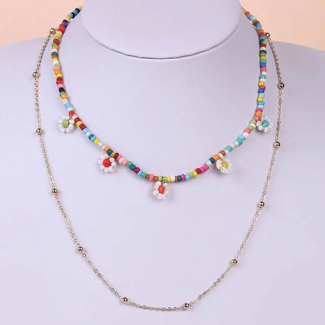 2 Pcs/Set Bohemian Multicolor Beaded Necklaces For Women Boho Gold Color Metal Chain Handmade Beads Flower Necklace Jewelry