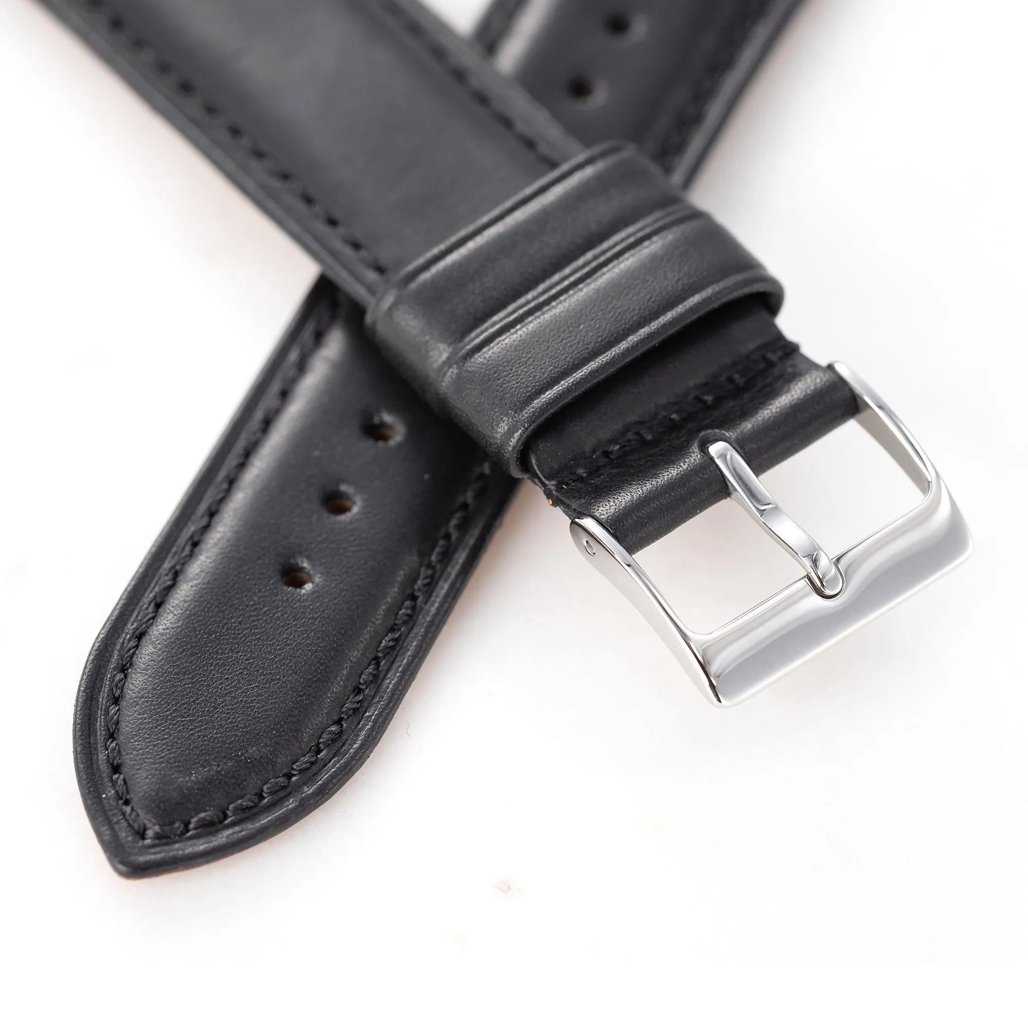 20mm 22mm Quick Release Padded Leather Watch Strap - Black Full Stitch