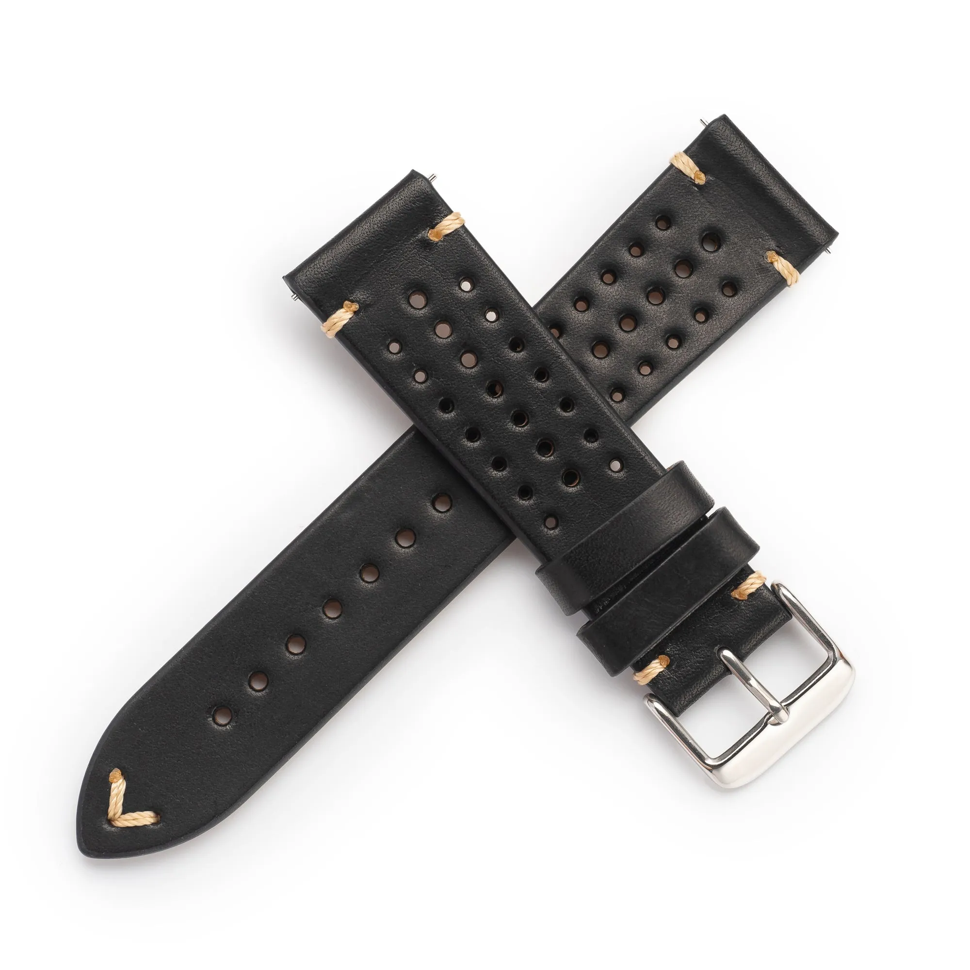 20mm 22mm Quick Release Rally Racing Leather Watch Strap - Black