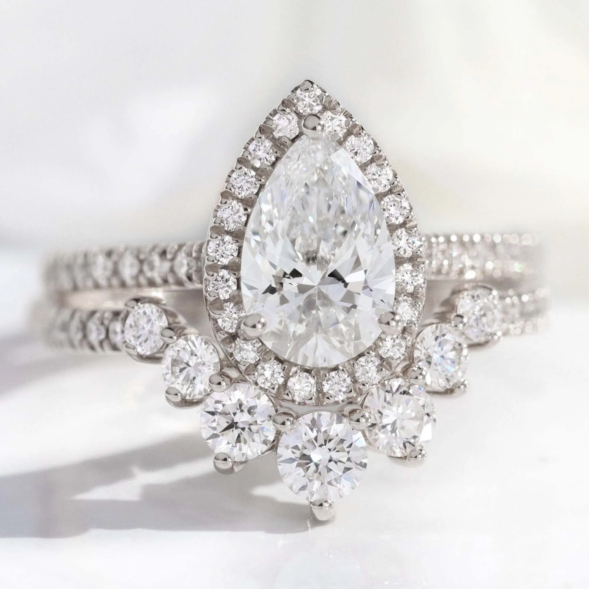 2.22 Ct Pear Halo Diamond Ring Set w/ Lab Diamond and Large 7 Stone Pave Band