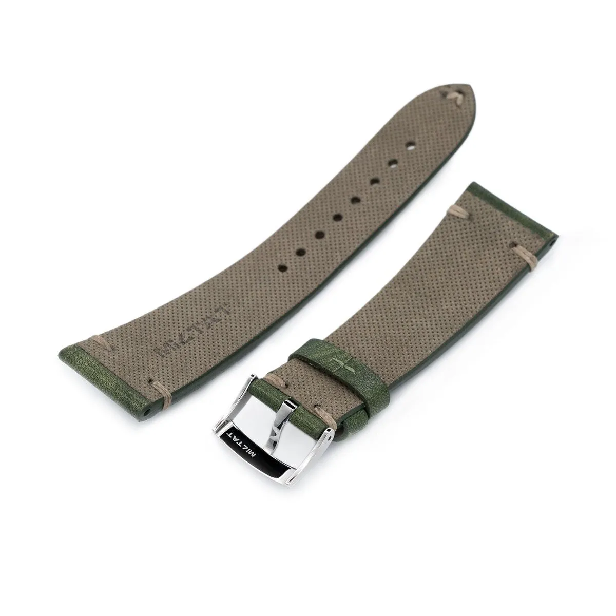 22mm MiLTAT Italian Handmade Brushed Green Watch Strap, Khaki Stitching