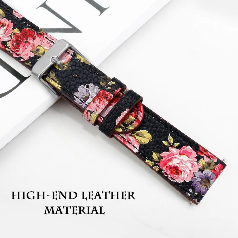 22mm Universal cowhide genuine leather watch strap - Black / Pink Flower