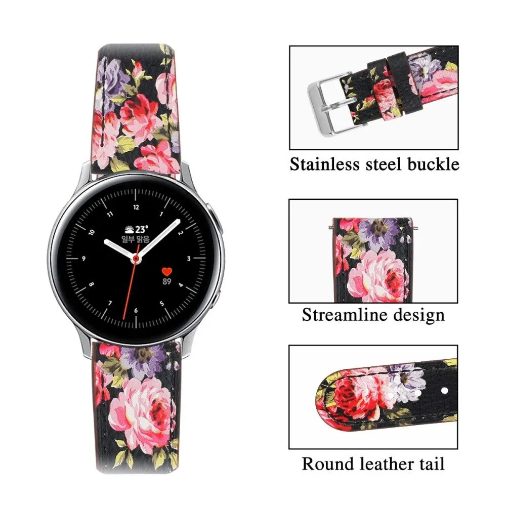 22mm Universal cowhide genuine leather watch strap - Black / Pink Flower