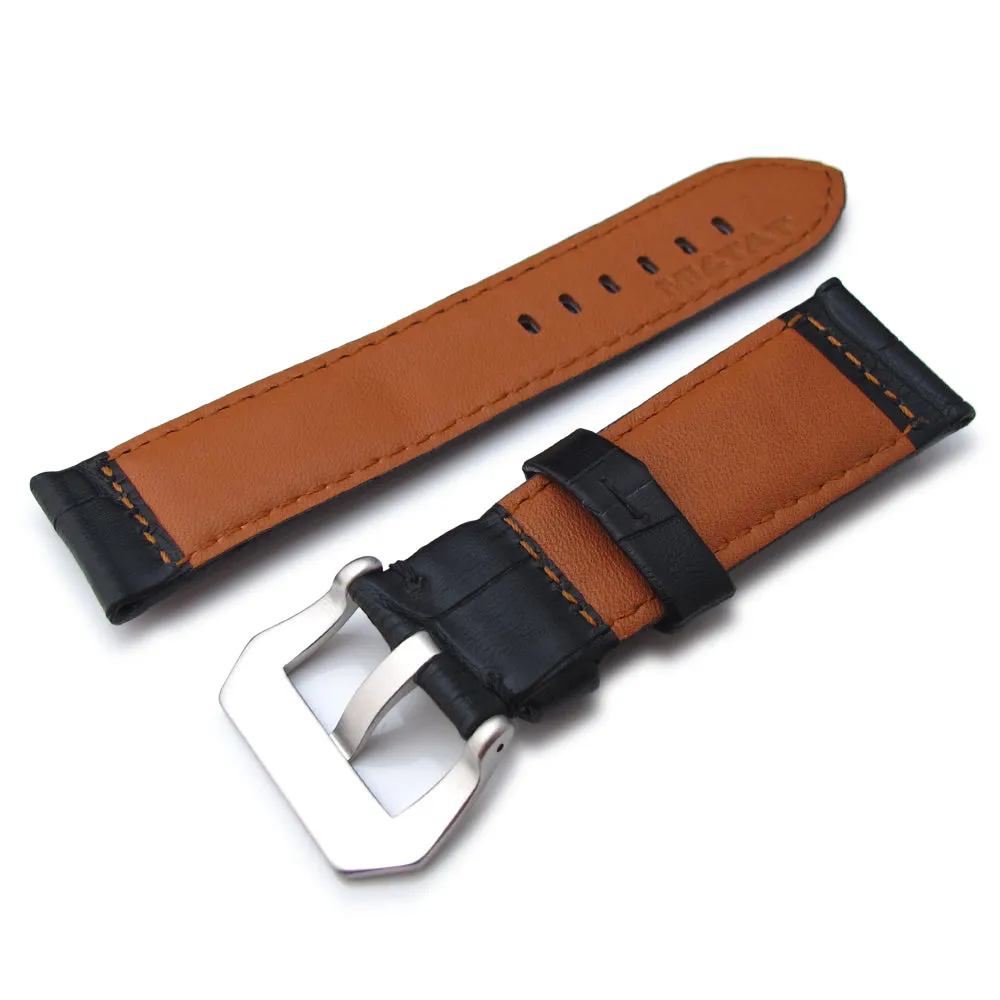 24mm CrocoCalf (Croco Grain) Matte Black Watch Strap with Black Stitches