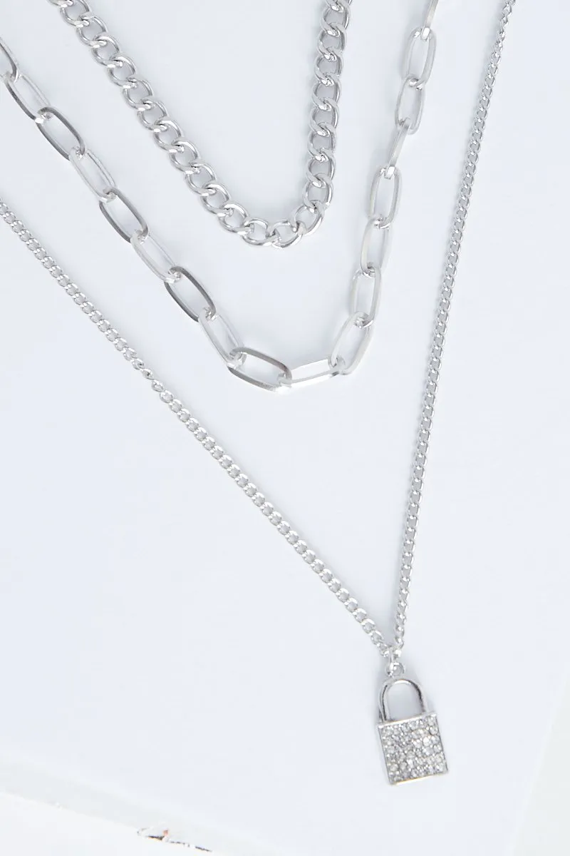 3 Layered Silver Necklace with Padlock Pendant - Elinore