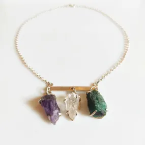 3 Stone Raw Crystal Bar Choker Necklace