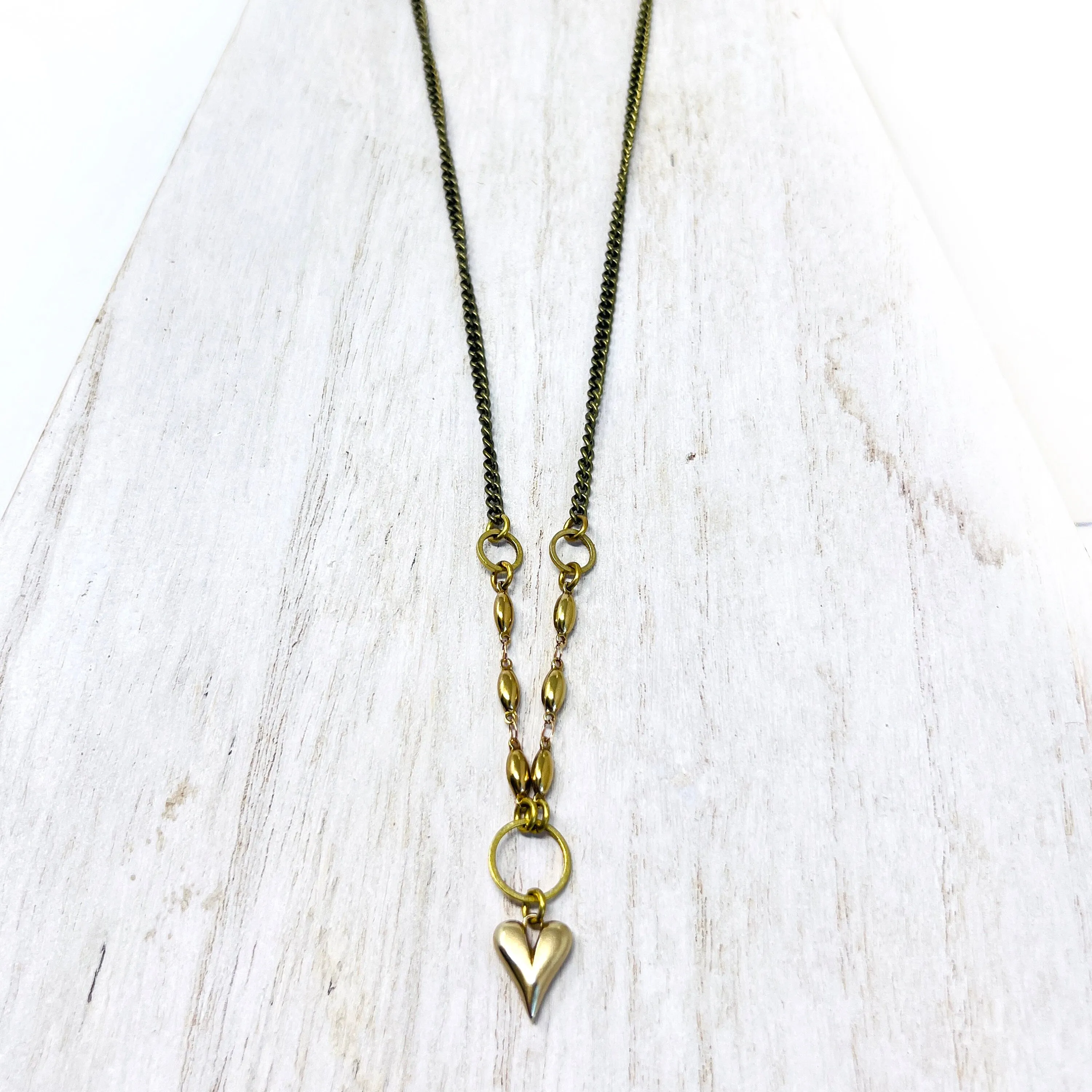 30" Solid Brass Heart Charm Necklace