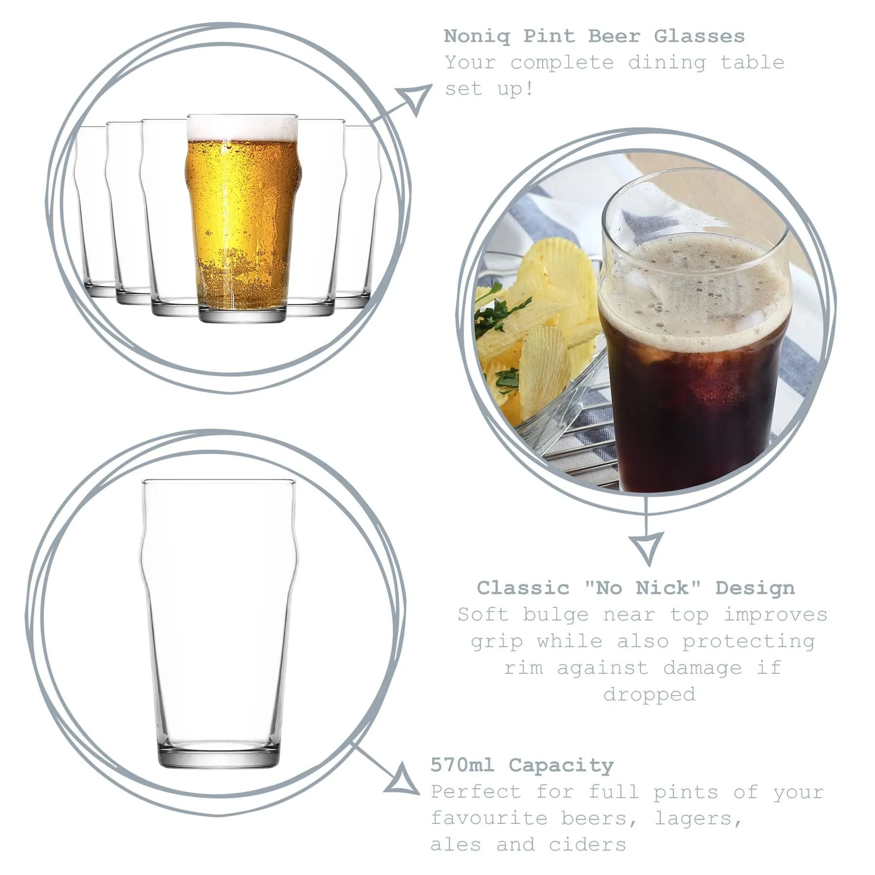 570ml Noniq Pint Beer Glasses - Pack of Six - By LAV