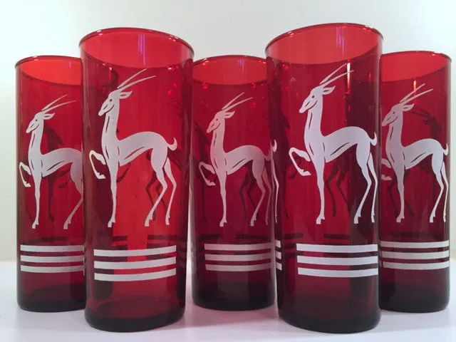 Anchor Hocking Red Gazelle Mid-Century Collins Glasses (Set of 5)