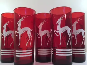 Anchor Hocking Red Gazelle Mid-Century Collins Glasses (Set of 5)