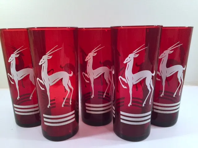 Anchor Hocking Red Gazelle Mid-Century Collins Glasses (Set of 5)