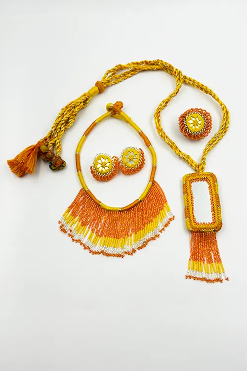 Antarang- Haldi Pushpa(Yellow-Orange),Bead Jumki Full Set,  100% Cotton. Hand Made By Divyang Rural Women.