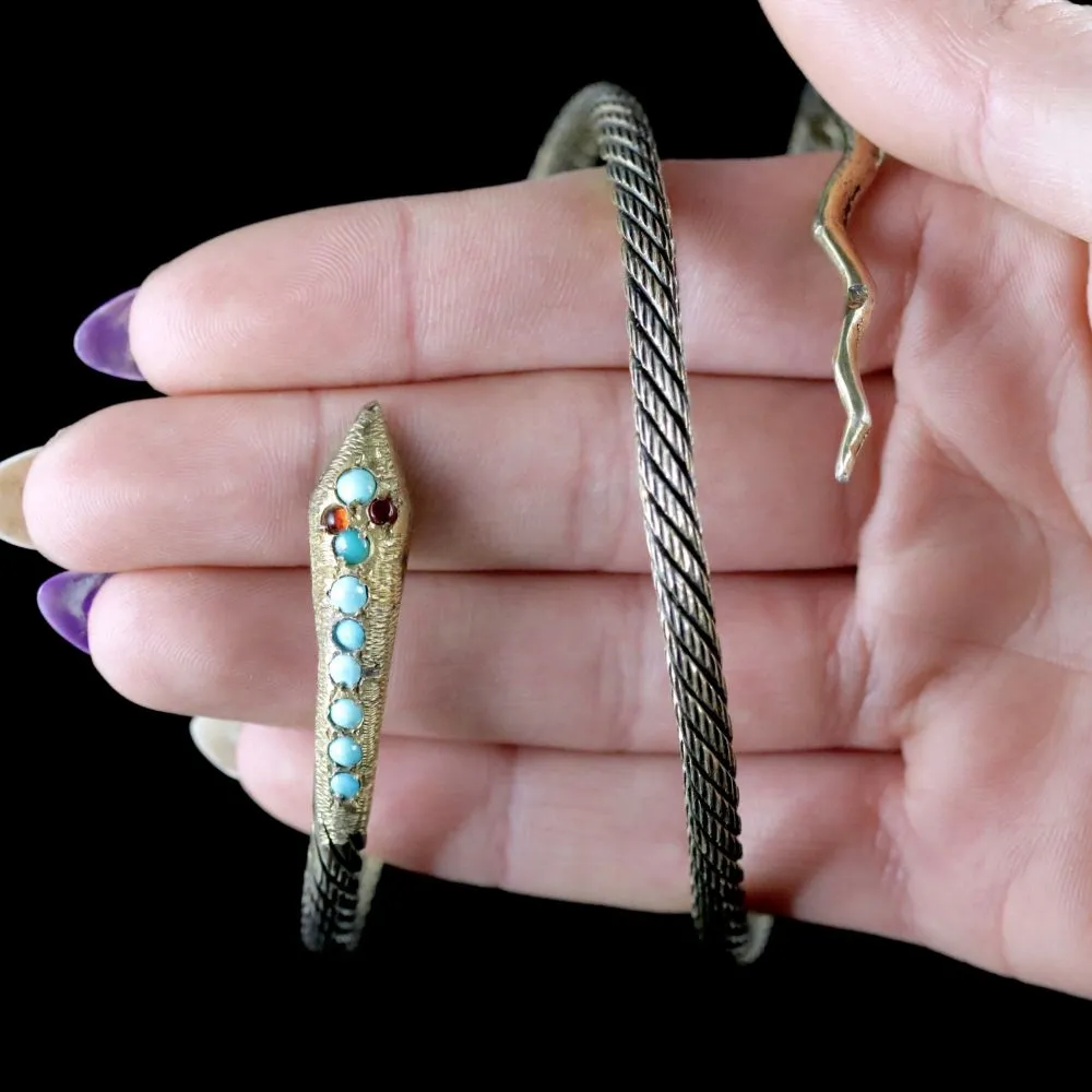 Antique French Snake Bangle Turquoise Garnet Silver Gilt Circa 1900