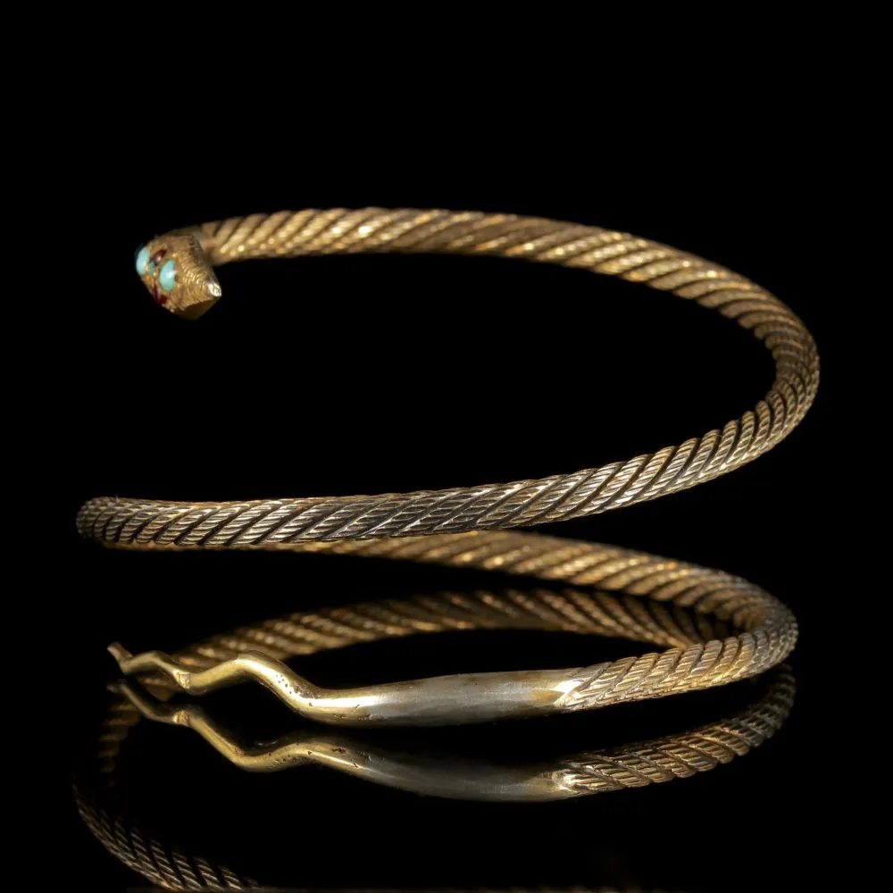 Antique French Snake Bangle Turquoise Garnet Silver Gilt Circa 1900