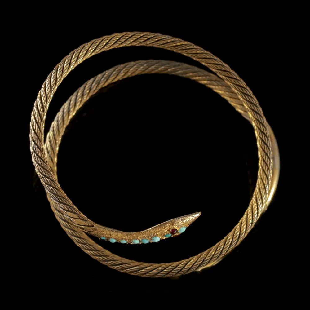 Antique French Snake Bangle Turquoise Garnet Silver Gilt Circa 1900