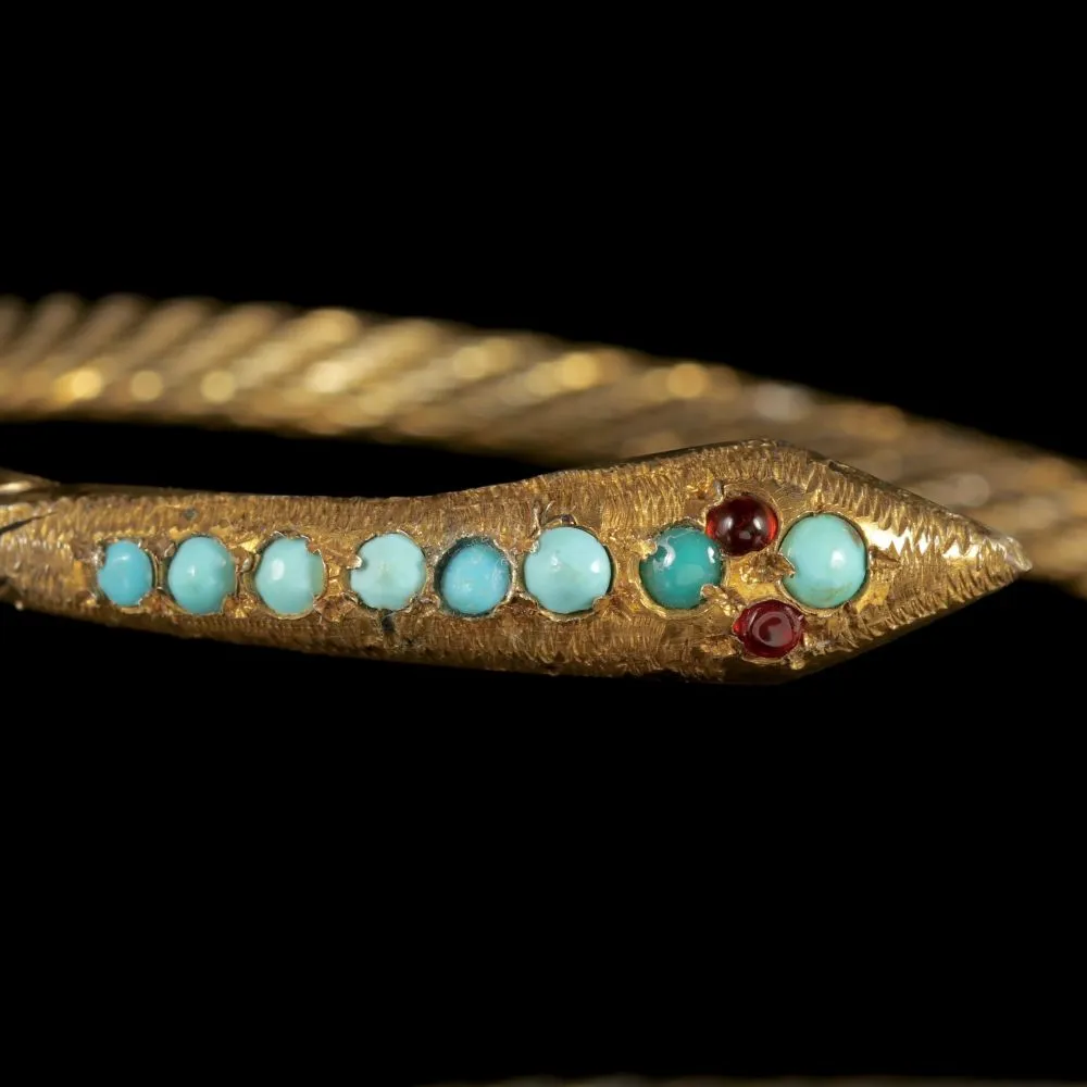 Antique French Snake Bangle Turquoise Garnet Silver Gilt Circa 1900