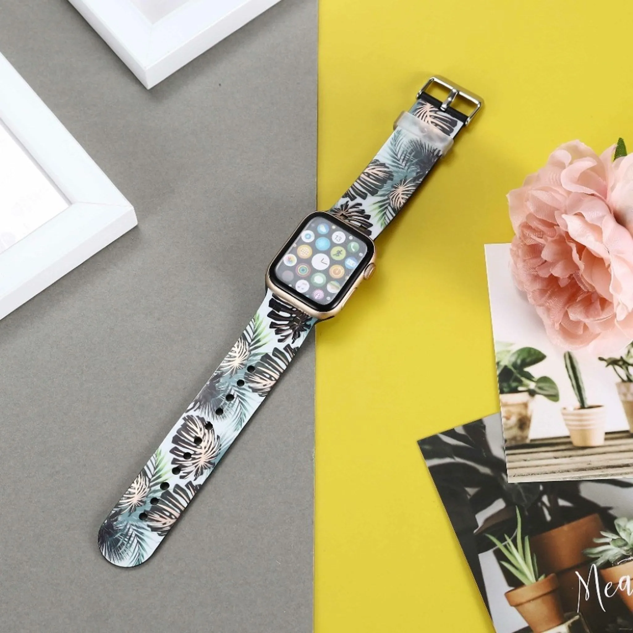 Apple Watch 44mm stylish pattern TPU watch strap - Plantain Leaf