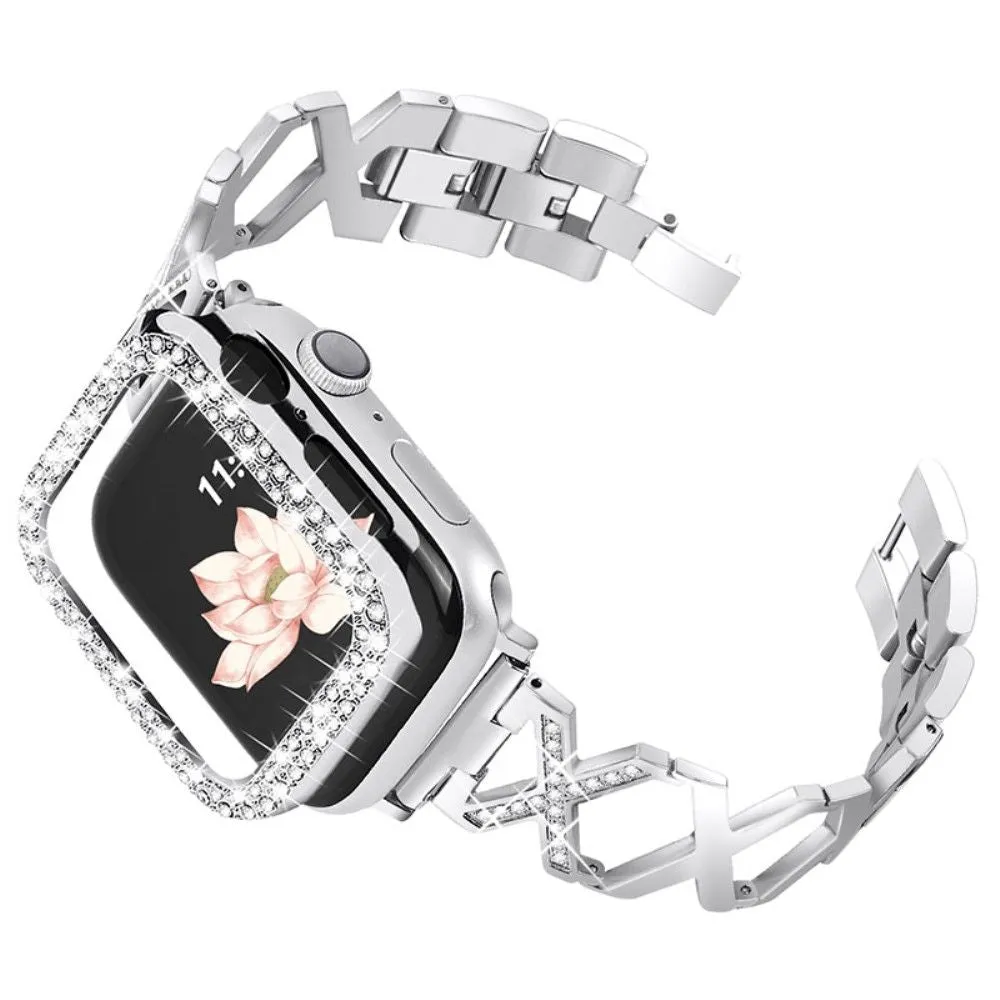 Apple Watch (45mm) rhinestone cover   X design watch strap - Silver